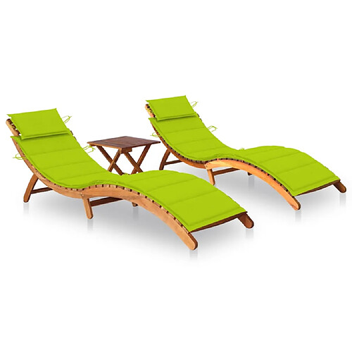 Helloshop26 Lot de 2 transats chaise longue bain de soleil lit de jardin terrasse meuble d'extérieur avec table et coussins acacia solide 02_0012116