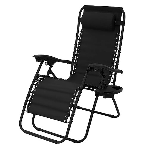 ML-Design Chaise longue bain de soleil noir acier/tissu avec appui-tête et porte-boisson