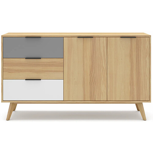 Pegane Buffet en pin massif chêne blanc et gris, meuble de rangement - Longueur 140 x Profondeur 40 x Hauteur 80 cm