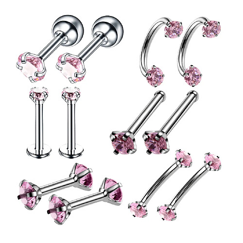 12pcs acier inoxydable couleur bijoux rose piercing nez ongles zircon