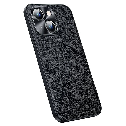 Coque en TPU + cuir véritable anti-chute, texture litchi pour votre iPhone 14 - noir