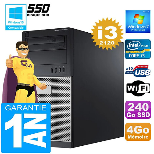 PC Tour DELL 7010 Core I3-2120 Ram 4Go Disque 240 Go SSD Wifi W7 · Occasion