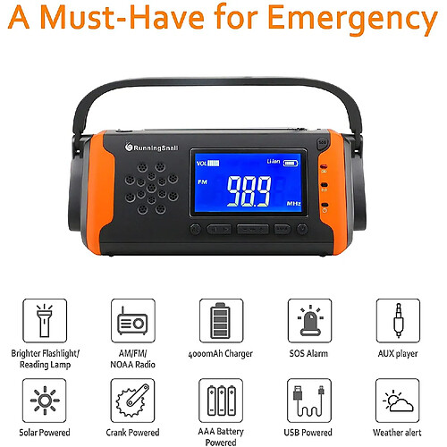 Universal Radios portatives Météo d'urgence Solaire 4000mAh Batterie Alimentation Torche lumineuse Haut-parleur auxiliaire Survie extérieure | Radio(Orange)