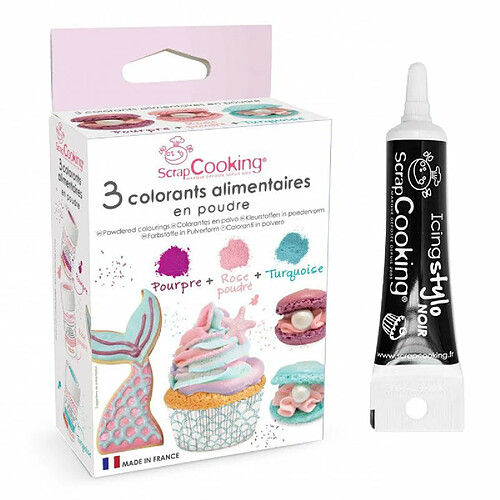 Scrapcooking 3 colorants en poudre Sirène 5 g + Stylo de glaçage noir