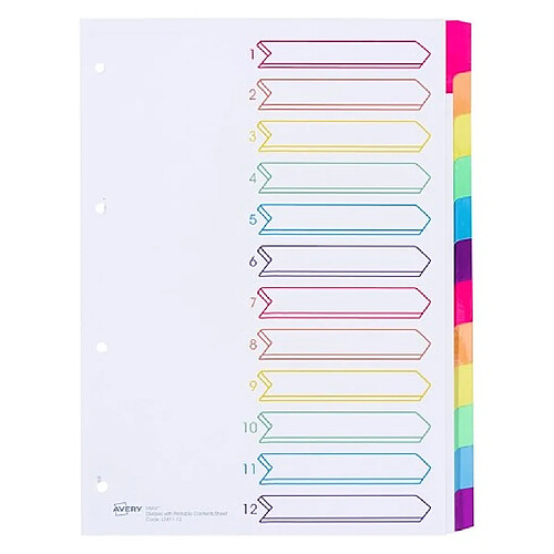 Intercalaire neutre A4+ Avery carton 12 onglets multicolores - 1 jeu