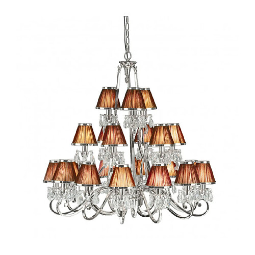 Interiors 1900 Chandelier Oksana, nickel poli, pampilles cristal, 21 abat-jours chocolat