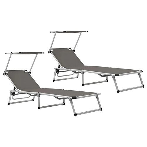 Maison Chic Lot de 2 Chaises longues pliables et toit | Bain de soleil Relax | Transat Aluminium textilène Gris -GKD93297