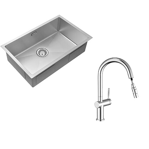 Auralum MAX Évier de cuisine Brossé 70*44*19cm inox,sur le plan de travail, encastré ou sous-plan +robinet de cuisine rétractable à deux fonctions, chromé