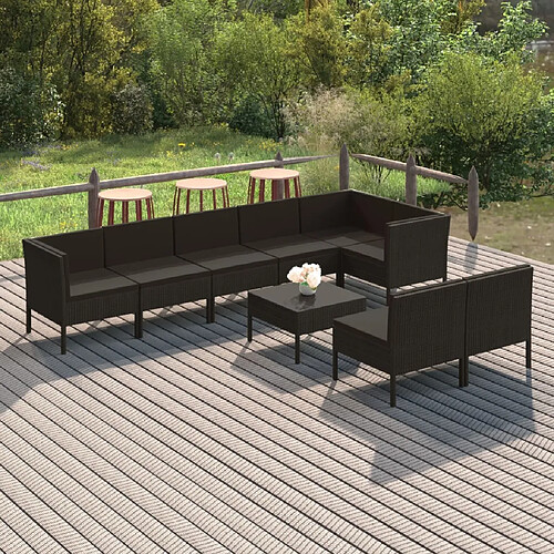 vidaXL Salon de jardin 9 pcs avec coussins Résine tressée Noir