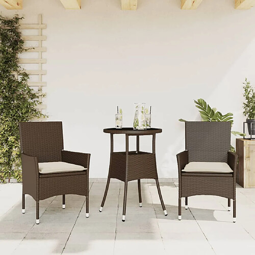 vidaXL Ensemble à manger de jardin et coussins 3pcs marron rotin verre