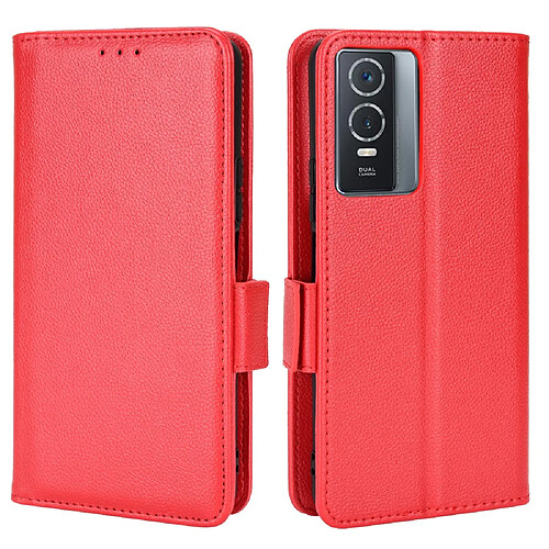 Etui en PU texture litchi, double fermoir avec support, rouge pour votre Vivo Y76 5G/Y76s 5G