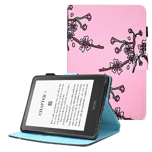 Etui en PU fermeture magnétique avec support et porte-cartes pour votre Amazon Kindle Paperwhite 5 (2021) - Fleur de prunier rose