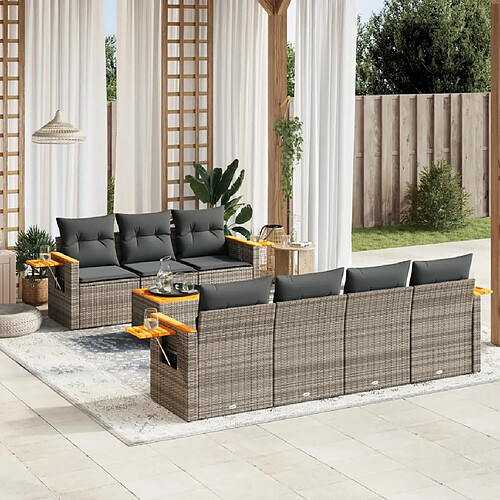 vidaXL Salon de jardin 8 pcs avec coussins gris résine tressée