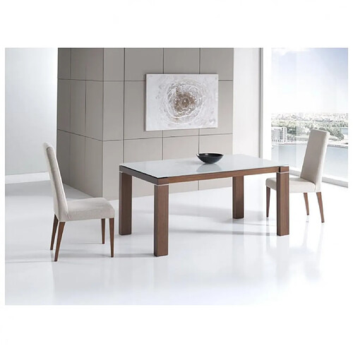 Inside 75 Table repas extensible ARMONIA 8 couverts 140/210x90cm pieds noyer plateau verre blanc