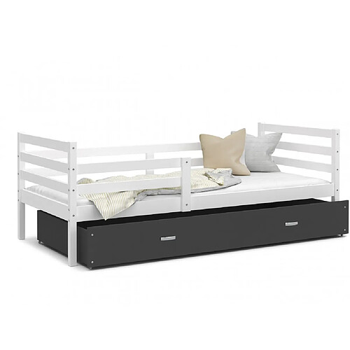 Kids Literie Lit Enfant Milo 90x190 Blanc - gris Livré avec sommiers, tiroir et matelas en mousse de 7cm