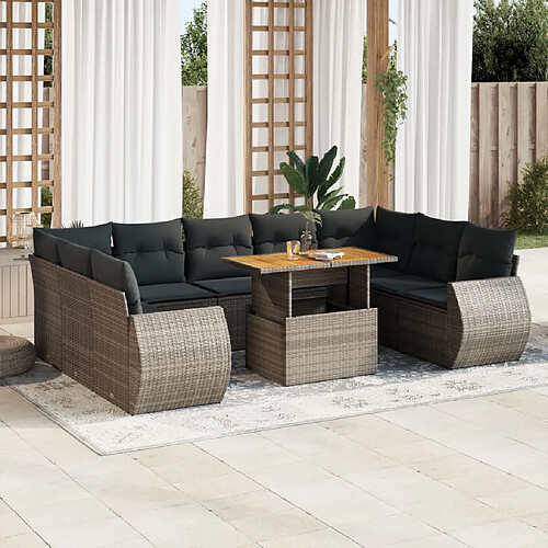 vidaXL Salon de jardin avec coussins 10 pcs gris résine tressée