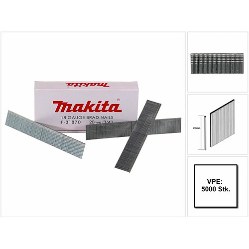 Makita Clous à tête homme galvanisés 20mm, 5000 pcs ( F-31870 ) pour cloueuse Makita DBN500/AF505/AF506