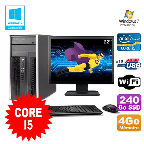 Lot PC Tour HP 8200 Core I5 3.1Ghz 4Go 240Go SSD Graveur WIFI W7 + Ecran 22 · Occasion