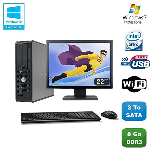 Lot PC DELL Optiplex 780 Sff E7500 2,93Ghz 8Go DDR3 2To WIFI Win 7 Pro + 22"" · Occasion