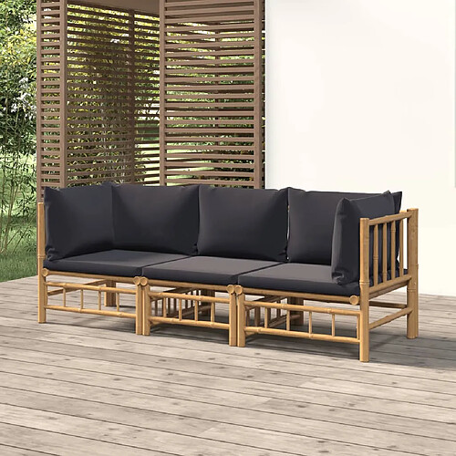 vidaXL Salon de jardin 3 pcs avec coussins gris foncé bambou