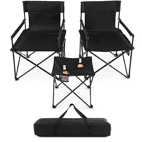 Helloshop26 Lot de 2 chaises de camping pliante charge 180 kg table d'appoint porte-gobelets poches de rangement pique-nique pêche noir 20_0008735