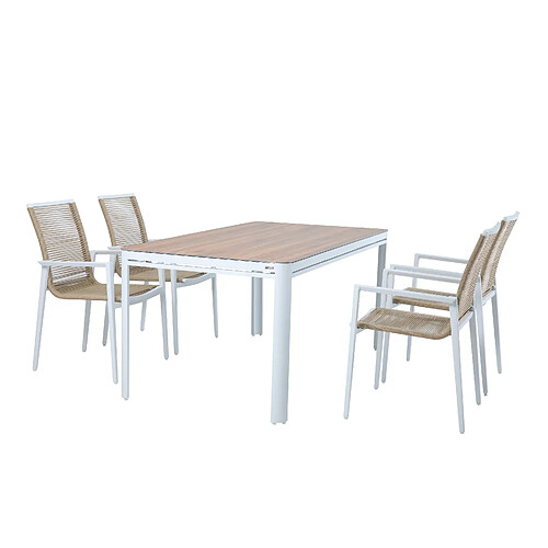 AXI Zora Salon de Jardin avec Table et 4 chaises en BLANC / marron | Table et Chaises de Jardin/Table de Jardin, Aspect bois en Aluminium / PSPC | Table à manger d'extérieur / jardin