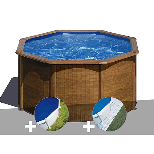 Kit piscine acier aspect bois Gré Pacific ronde 2,60 x 1,22 m + Bâche à bulles + Tapis de sol