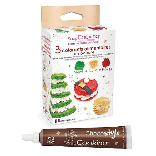 Scrapcooking 3 colorants en poudre vert, rouge et doré + 1 Stylo chocolat