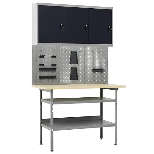 Helloshop26 Etabli 120 cm avec 3 panneaux muraux et 1 armoire garage table de travail gris noir 02_0003662