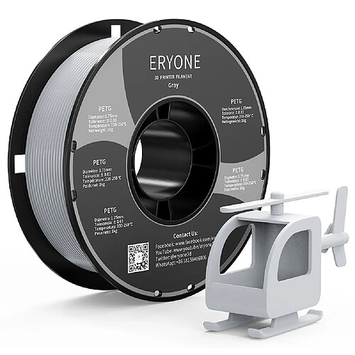 None Filament PETG ERYONE pour imprimante 3D 1,75 mm Tolérance 0,03 mm 1 kg/bobine - Gris