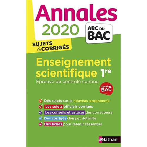 Enseignement scientifique 1re : épreuve de contrôle continu : annales 2020, sujets & corrigés, nouveau bac · Occasion