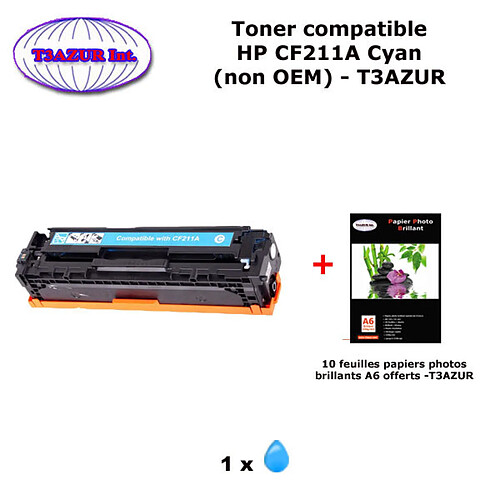 Toner générique HP CF211A ,HP 131X pour HP LaserJet Pro 200 color M251, M276 Cyan + 10f papiers photos A6 -T3AZUR