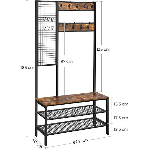 Helloshop26 Grand porte-manteaux avec banc à chaussures meuble d’entrée avec grille vestiaire 9 crochets étagère à chaussures 185 cm 12_0000611