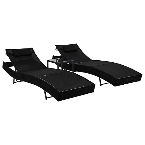 Helloshop26 Lot de 2 transats chaise longue bain de soleil lit de jardin terrasse meuble d'extérieur et table résine tressée et textilène noir 02_0012145