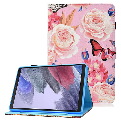 Etui en PU magnétique avec support, porte-cartes et porte-stylo pour Samsung Galaxy Tab A7 Lite 8.7-pouces T220/T225 - fleur et papillon