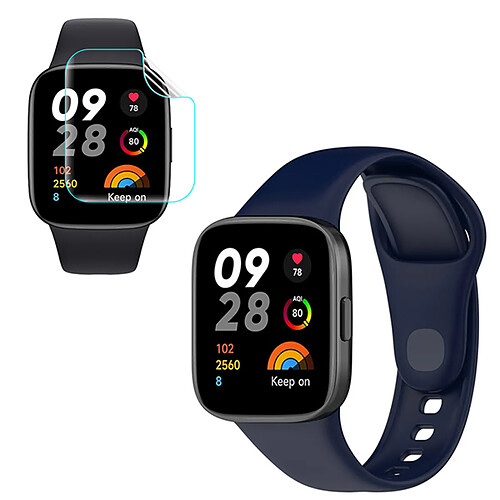 PHONECARE Kit Bracelet SmoothSilicone + Film de Hydrogel pour Xiaomi Redmi Watch 3 - Bleu Foncé