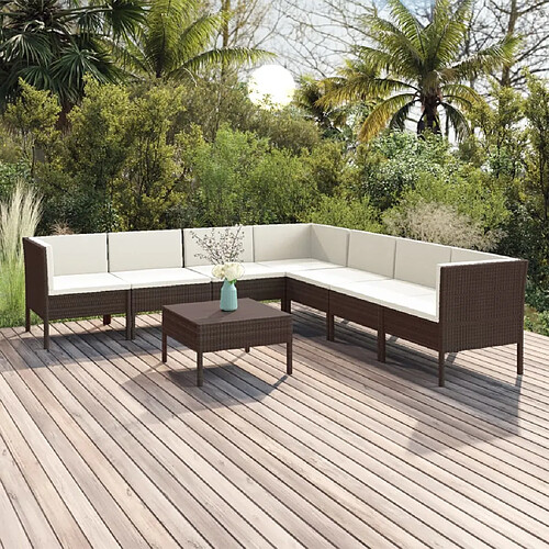 vidaXL Salon de jardin 8 pcs avec coussins résine tressée marron