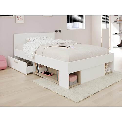 Vente-Unique Lit 120 x 190/200 cm avec rangements - Blanc et naturel - KINSELIA