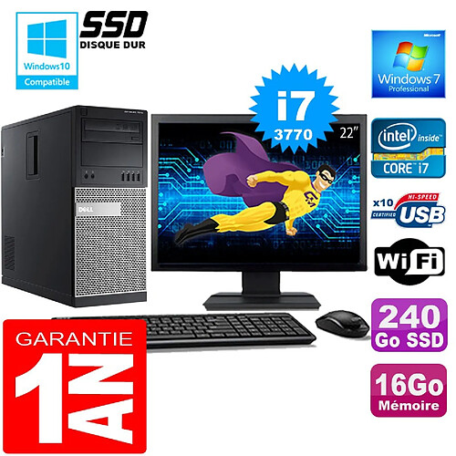 PC Tour DELL 7010 Core I7-3770 Ram 16Go Disque 240 Go SSD Wifi W7 Ecran 22" · Occasion