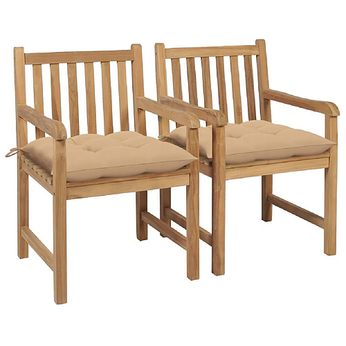 Maison Chic Lot de 2 Chaises de jardin avec coussins | Fauteuil chaises d'extérieur beige Bois de teck massif -GKD20479