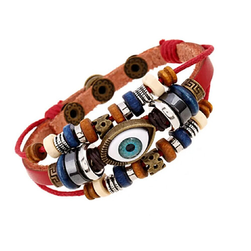 YP Select 3 Layered Fashion Charm Bracelet réglable en faux cuir en bois avec oeil rouge