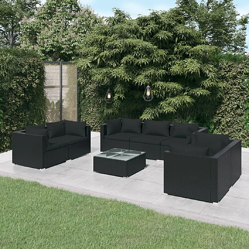 vidaXL Salon de jardin 8 pcs avec coussins Résine tressée Noir