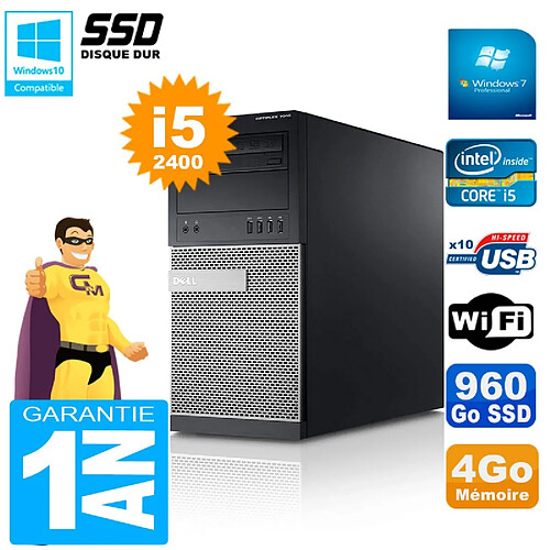 PC Tour DELL 7010 Core I5-2400 RAM 4Go Disque 960 Go SSD Wifi W7 · Occasion