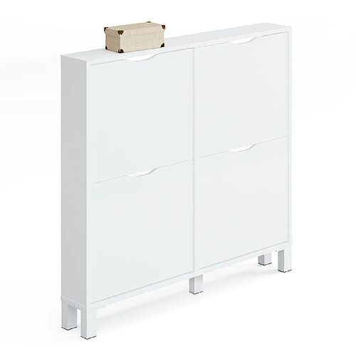 Pegane Commode Meuble à chaussures 2 portes blanc brillant - Hauteur 98 x Longueur 97 x Profondeur 17 cm