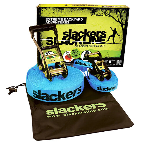 Slackers Slackline Classic 15m, avec sangle d'apprentissage supplémentaire, idéal pour la motricité des enfants.