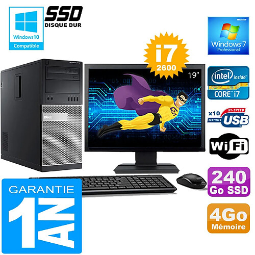 PC Tour DELL 7010 Core I7-2600 Ram 4Go Disque 240 Go SSD Wifi W7 Ecran 19" · Occasion