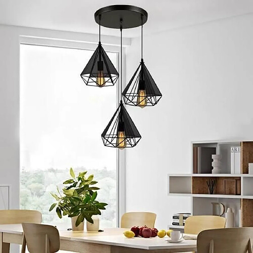 STOEX Suspension Industriel forme Diamant Disque de 3 lampes Métal Lustre abat-jour luminaire E27 Noir