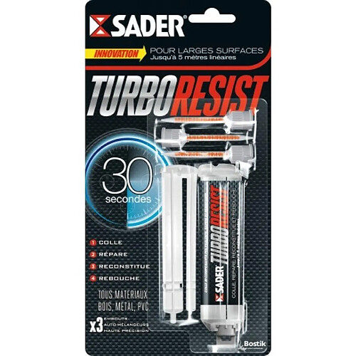 Colle bi-composant multi-matériaux SADER TURBO RESIST® 10 g et 3 embouts auto-mélangeurs