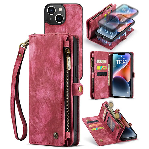 Etui en cuir fendu CASEME magnétique avec support, pochette à fermeture éclair et sangle pour votre iPhone 14 Plus - rouge