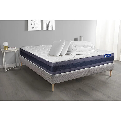 ACTISOM Pack prêt à dormir matelas Mémoire de forme ACTIMEMO MORPHO 140x190 5zones confort + sommier KIT gris + 2 oreillers +couette